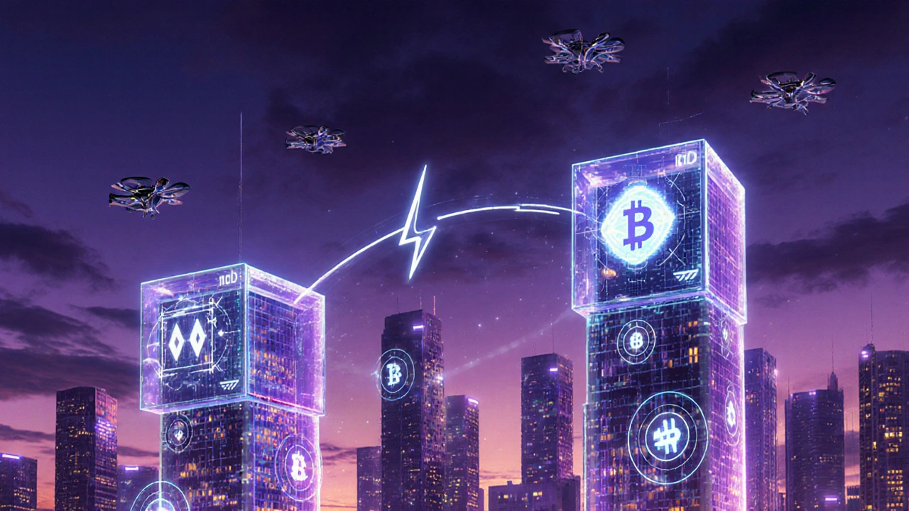 Futuristické město s hologramy smart kontraktů a decentralizovanými aplikacemi.