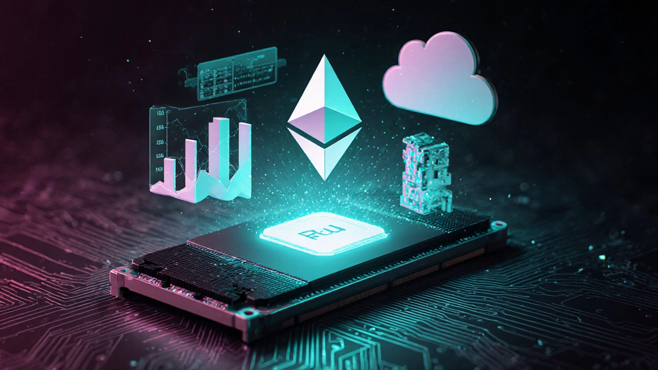 Holografické grafy a logo Ethereum Classic nad GPU, zobrazující výpočet ziskovosti a budoucí využití.