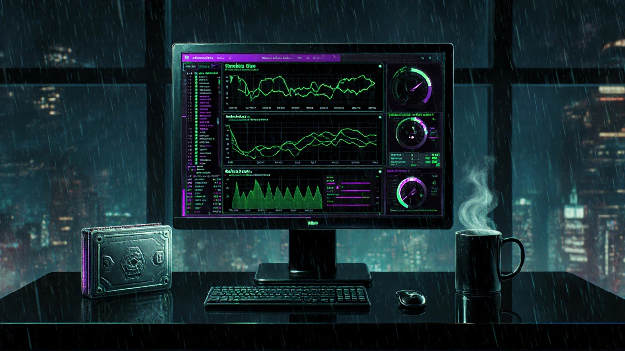 Pracovní stůl s monitorem, na něm rozhraní těžebního softwaru a ikona digitální peněženky, neonové akcenty.