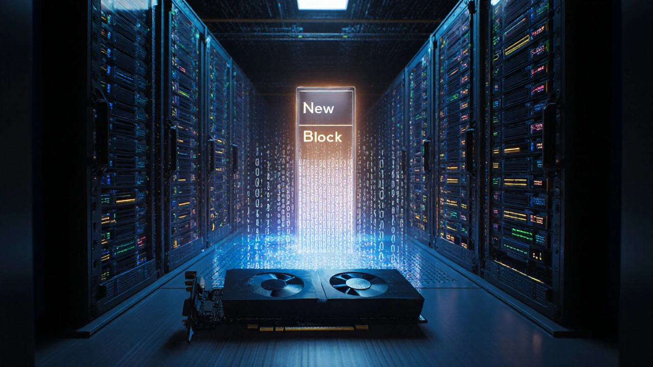Těžební rig s blikajícím hash kódem a vznikajícím digitálním blokem.
