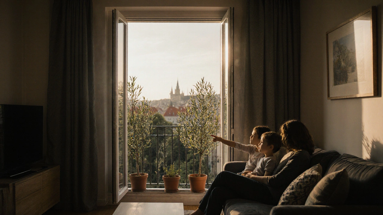 Bytový pokoje s výhledem na les, rodina si odpočívá u okna s květinami na balkóně.