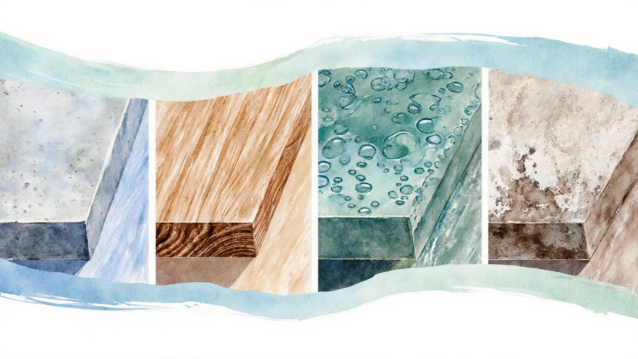 Čtyři podklady – cement, dřevo, beton, stará omítka – ilustrují různé typy penetrací.