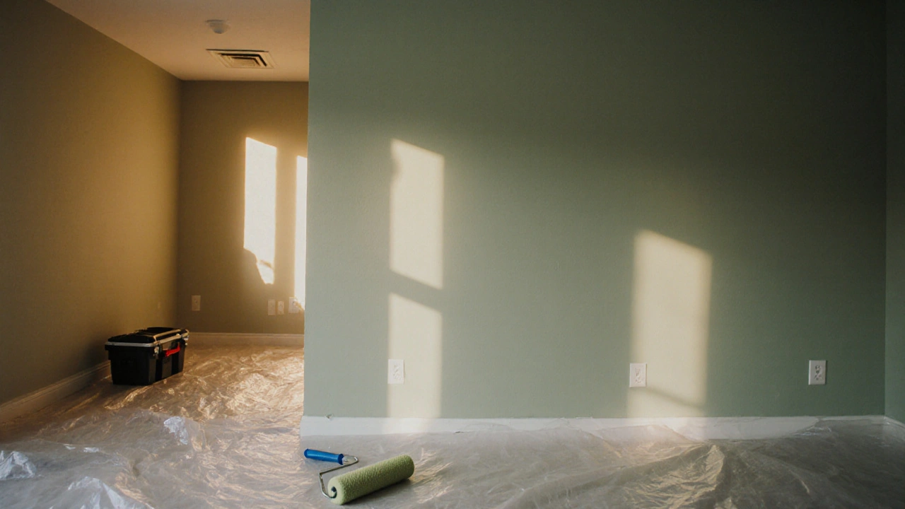 Dokončená stěna s hladkým matným zeleným nátěrem a rolkou na ochranné fólii.