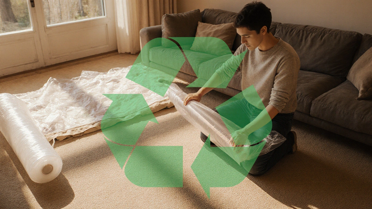 Domácí příprava sedačky na odvoz, odstranění polštářů, balení do fólie a recyklační symbol.