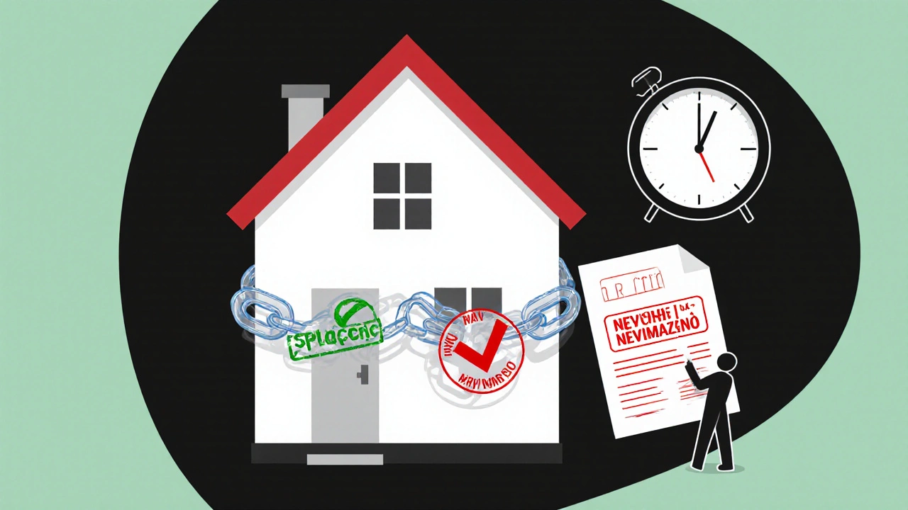 Dům s řetězem zástavy, který je částečně přerušený, symbolizuje nevyřešený výmaz po splacení hypotéky.