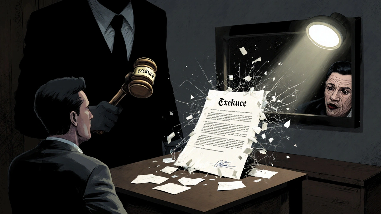 Dům se prodává na exekučním výdeji, zatímco stínová postava hrozí kupujícímu.