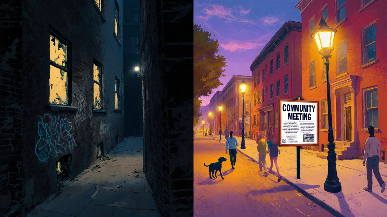 Dvě části scény: temná, opuštěná ulice naproti živé, osvětlené ulici s lidmi.