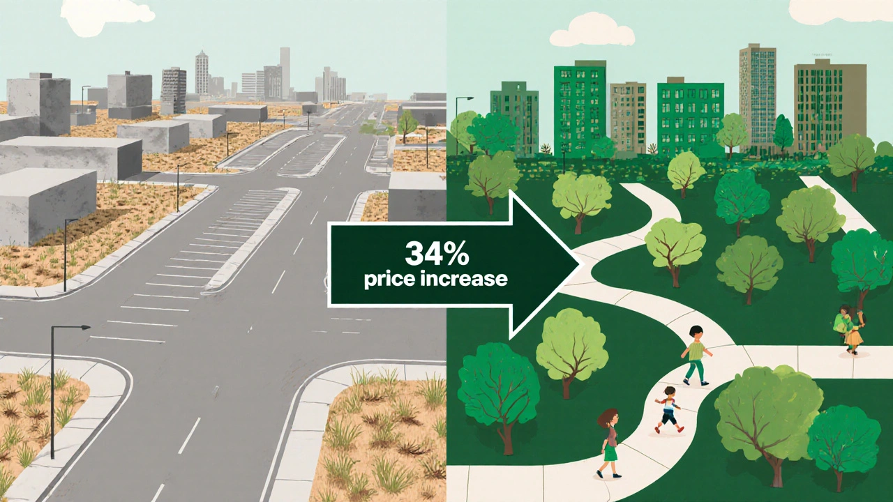 Dvě strany ulice: jedna bez zeleně, druhá s stromy a zelenými fasádami, s šipkou označující nárůst ceny.