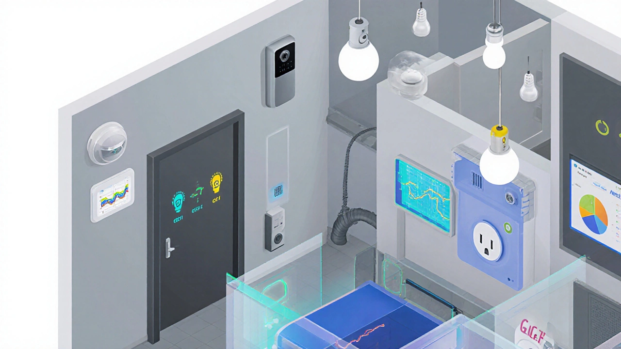 Izometrický nákres domu se smart zámkem, detektorem kouře, LED osvětlením a chytrým měřičem.