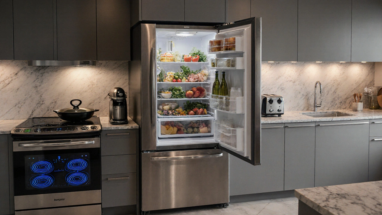 Kuchyň v detailu s úspornou lednicí, indukční varnou deskou, troubou a myčkou.