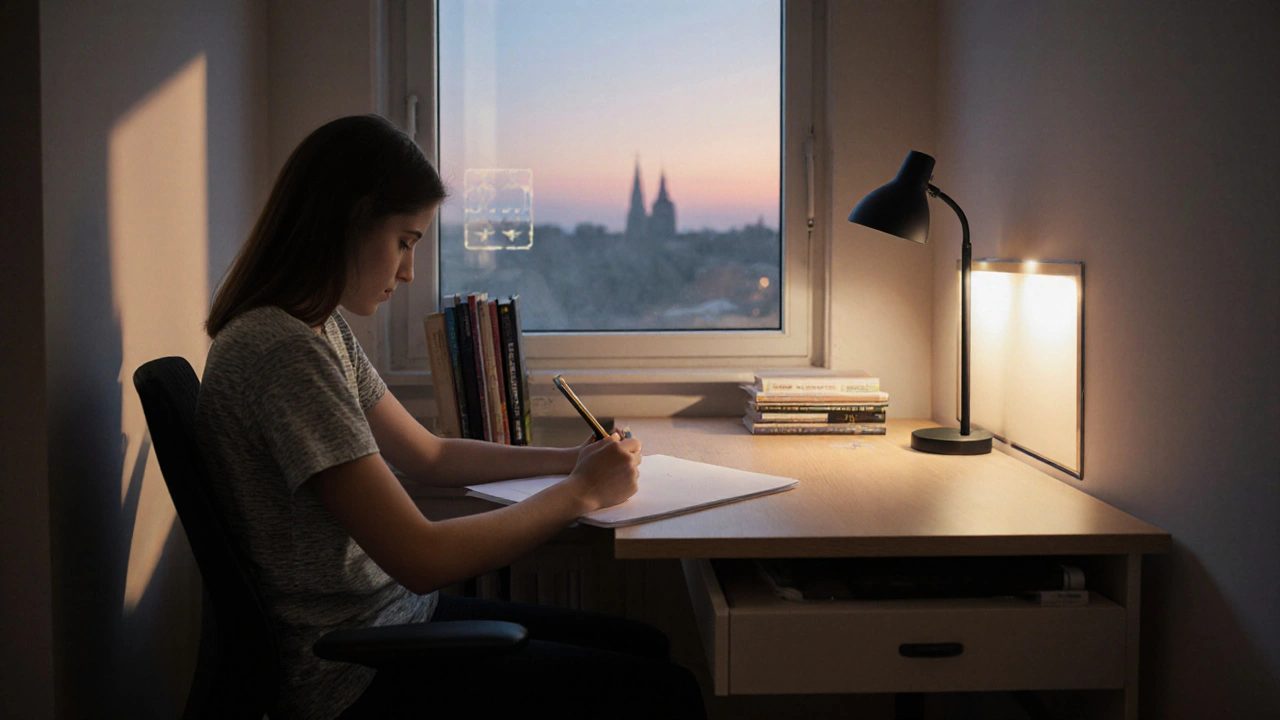 Modern teen workspace with smart LED lighting shifting from day to night mode, diffused window light, and organized supplies.