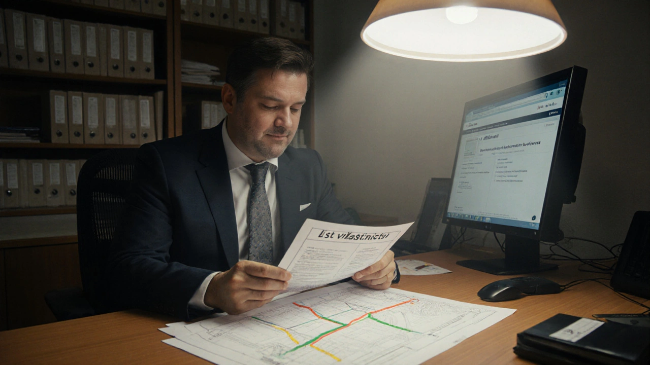 Muž v úřadě pro katastr nemovitostí prohlíží list vlastnictví.