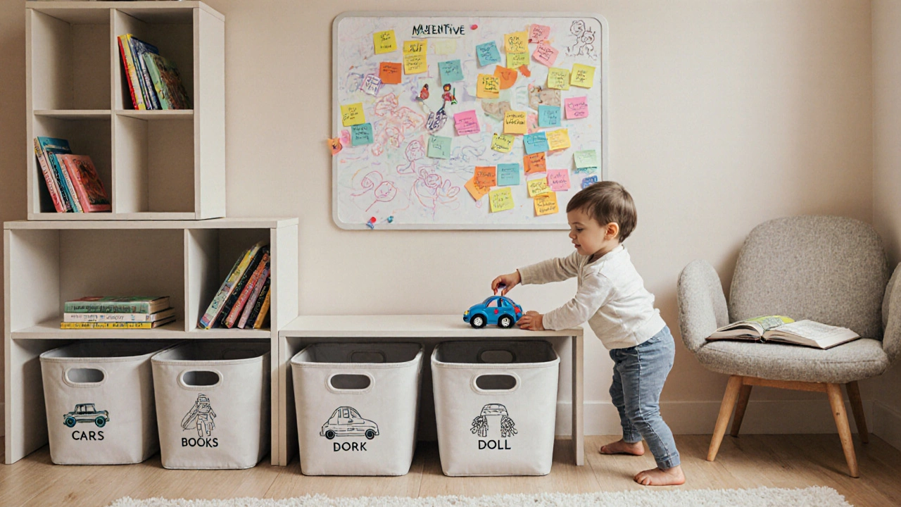 Nízké koše s obrázkovými štítky pro uklízení hraček a knih, dítě vybírá hračku.