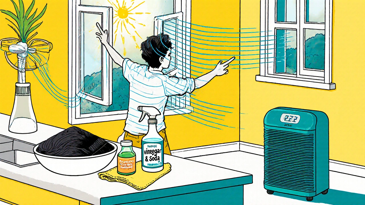 Osoba větrá dům, používá ventilátor, aktivní uhlí a přírodní čističe.