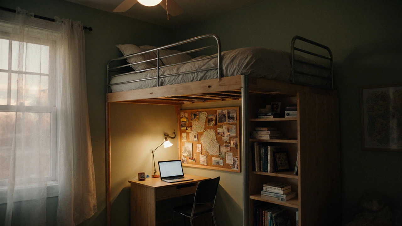 Pokoje dospívajícího dítěte s knižními regály, magnetickou deskou a teplým nočním osvětlením.