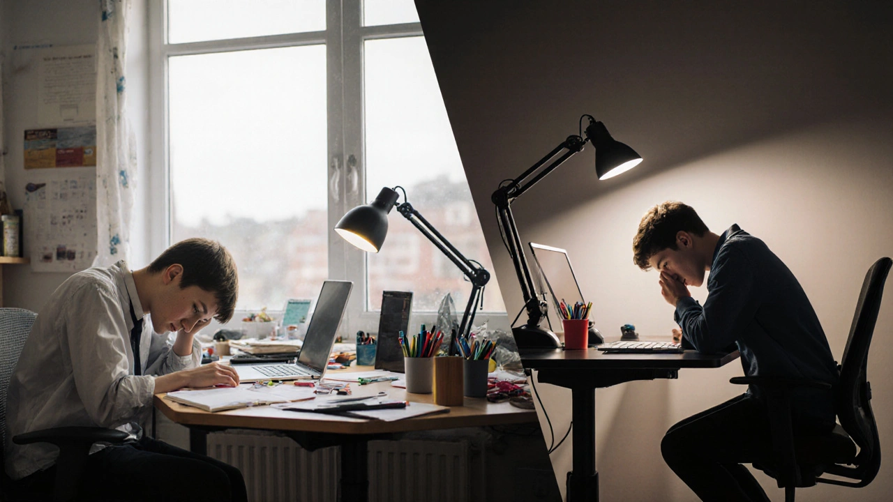 Side-by-side comparison: cluttered desk with glare vs. ergonomic workspace with perfect lighting and organization.