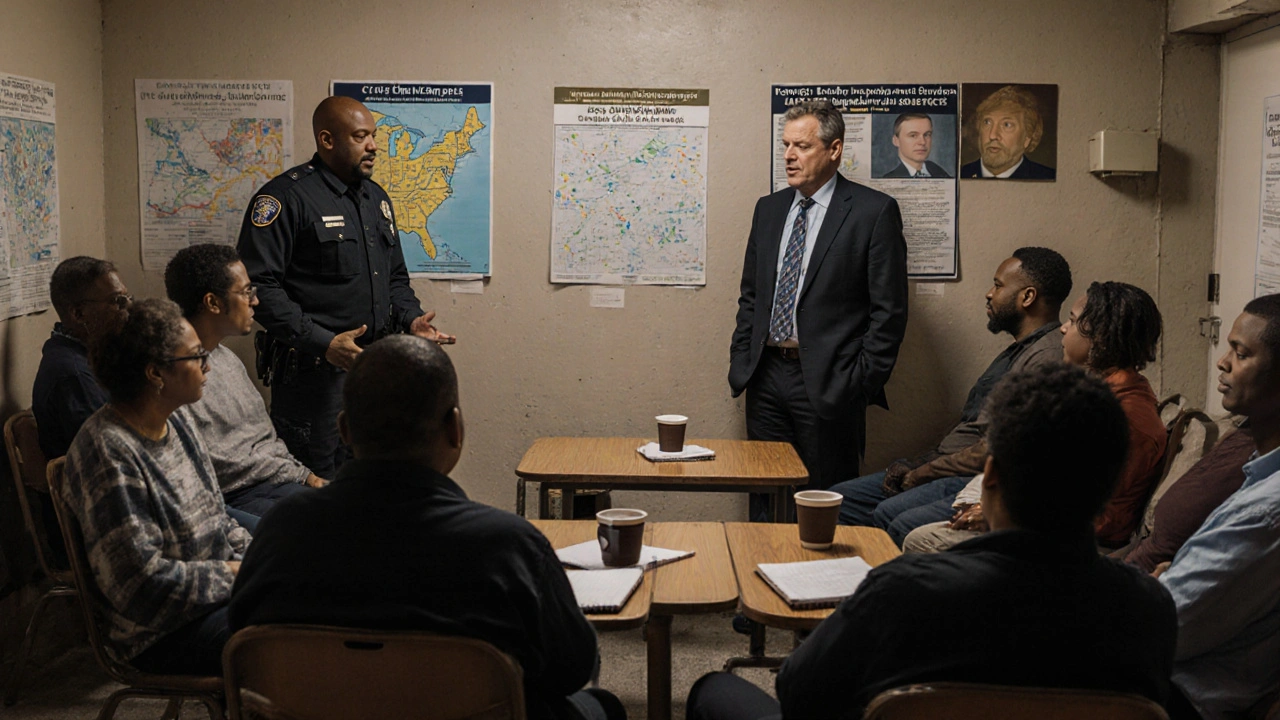 Skupina obyvatel na místní bezpečnostní schůzce s policistou a úředníkem.