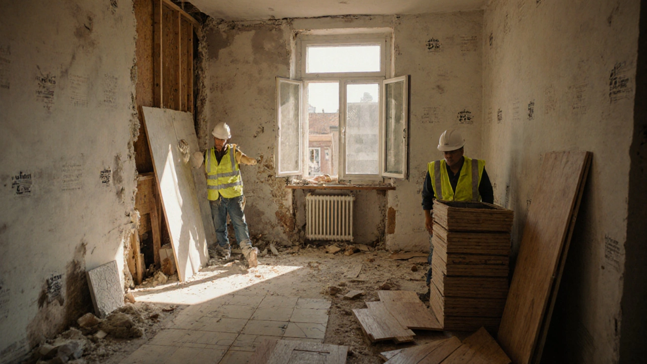 Stavební práce v bytě: demolice, materiály a dělníci v bezpečnostní výzbroji.