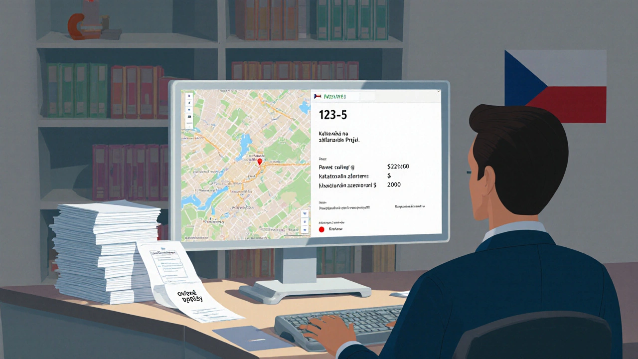 Úředník zpracovává žádost o zápis zástavního práva do katastru nemovitostí s viditelným parcelním číslem.