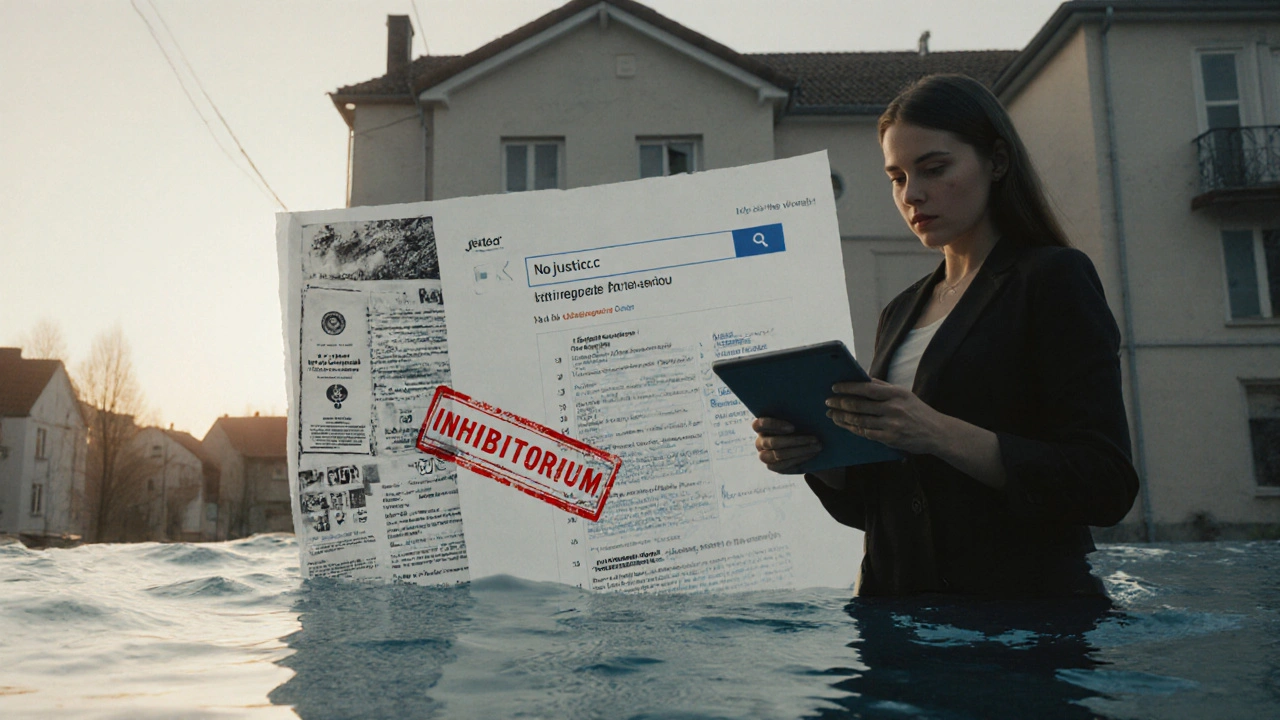 Žena prochází domem s vývěskou 'Prodej', zatímco skryté exekuční znaky vystupují z pozemku.