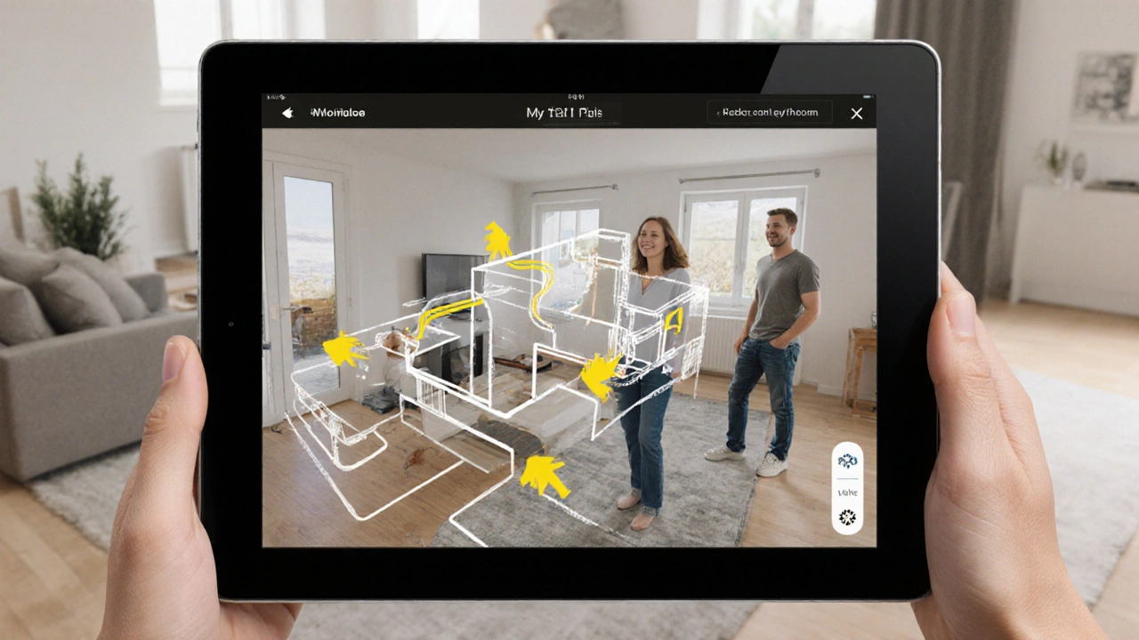 3D virtuální prohlídka domu na tabletu, kterou sleduje majitel v reálném bytě.