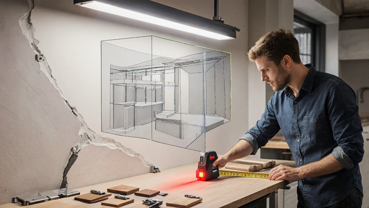 Cabinetmaker measuring a room while a 3D design of a custom kitchen appears above the workshop.