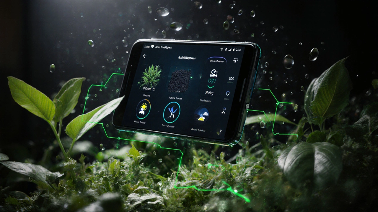 Chytrý telefon zobrazující rozhraní pro řízení automatické závlahy nad rostlinami.