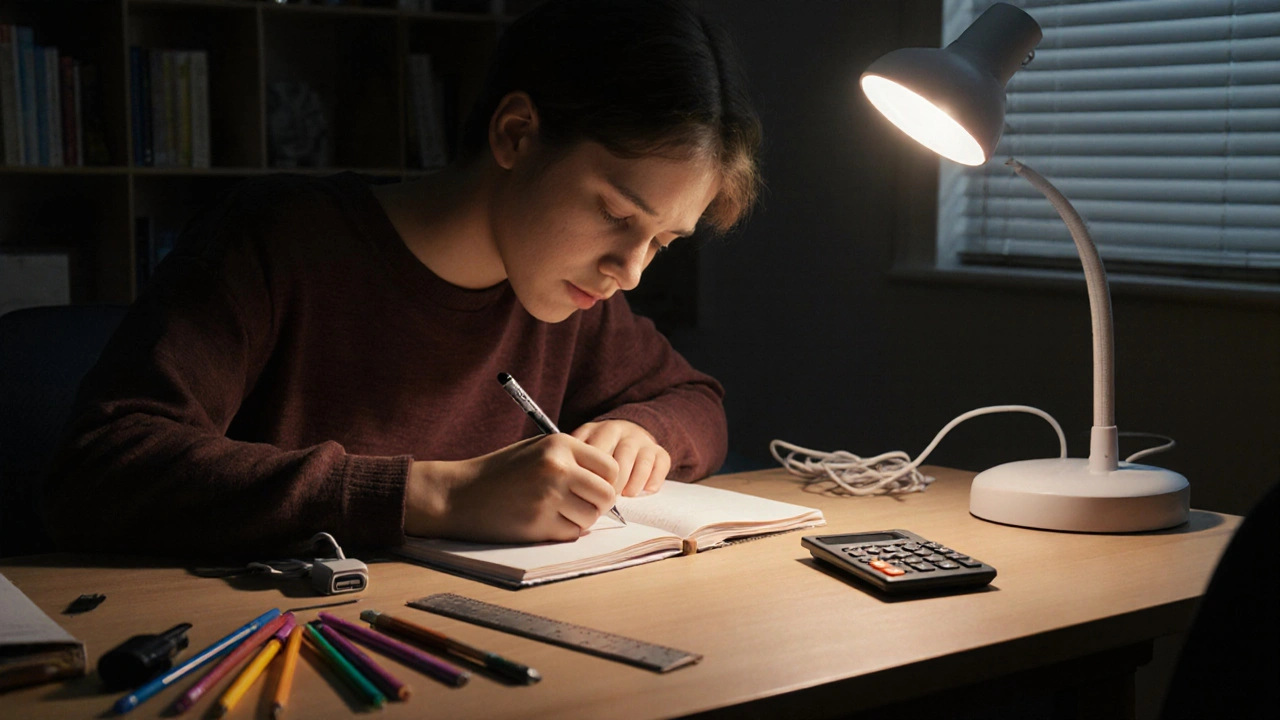 Close-up of hands writing under a high-quality LED lamp with warm-to-cool light transition on a clutter-free desk.