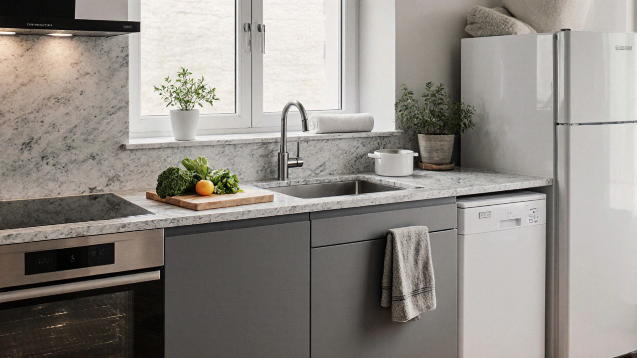 Detail pracovního trojúhelníku v kuchyni: myčka, trouba a lednička v ideální vzdálenosti s LED osvětlením a bezrukojeťovými škrabkami.