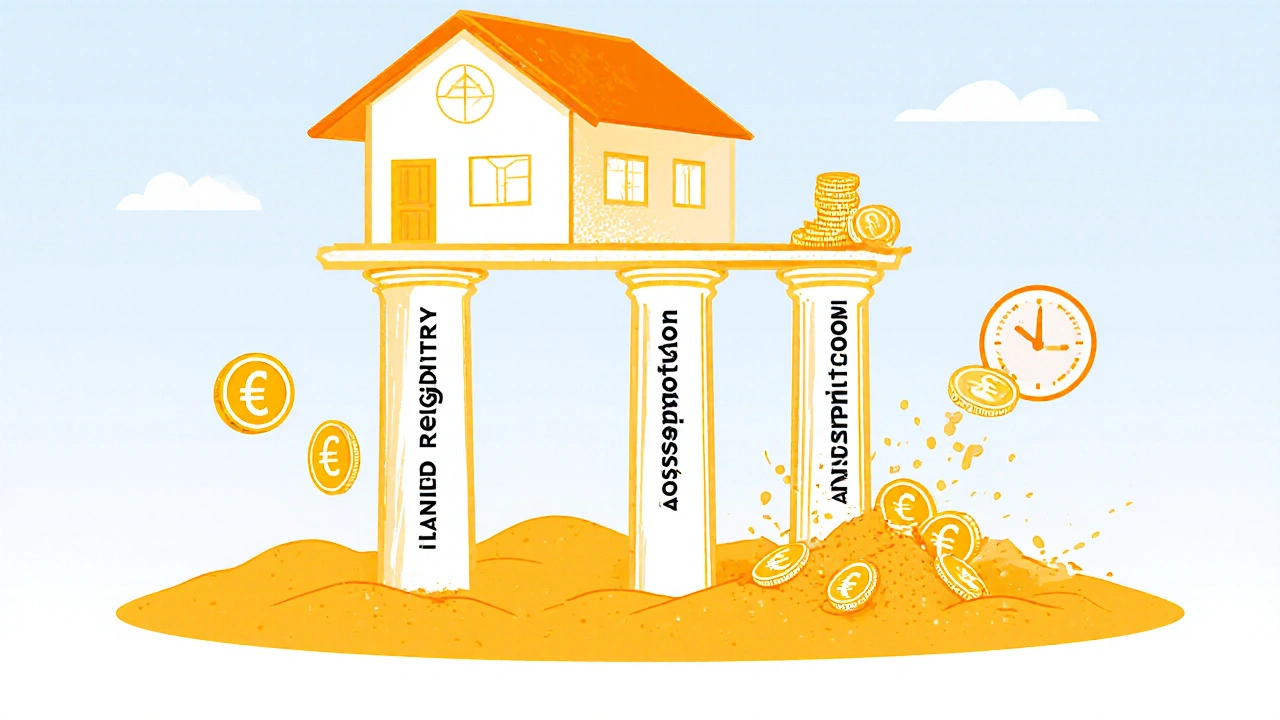 Dům stojí na třech pevných sloupech, zatímco čtvrtý sloup zhroutí pod ním.