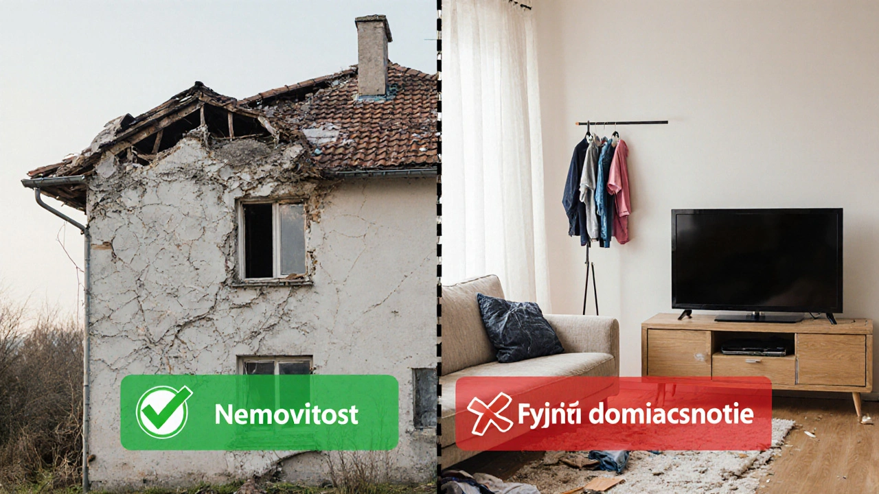 Dvě části domu: levá s poškozenou stavbou, pravá s poškozeným nábytkem, oddělené vysvětlením pojištění.