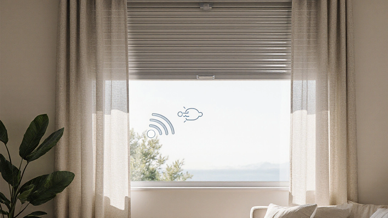 Dvojvrstvé stínění: venkovní roleta a vnitřní závěsy společně snižují teplo v místnosti.