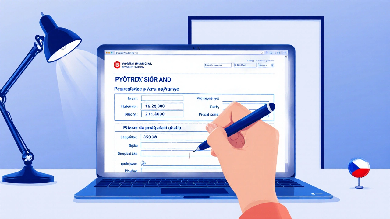 Elektronické podání daňového přiznání na počítači s vyplněnými údaji o nákladech a prodejní ceně.