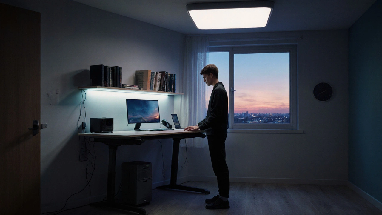 Futuristic ergonomic desk automatically adjusting height with synchronized smart LED lighting in a teen&#039;s room.