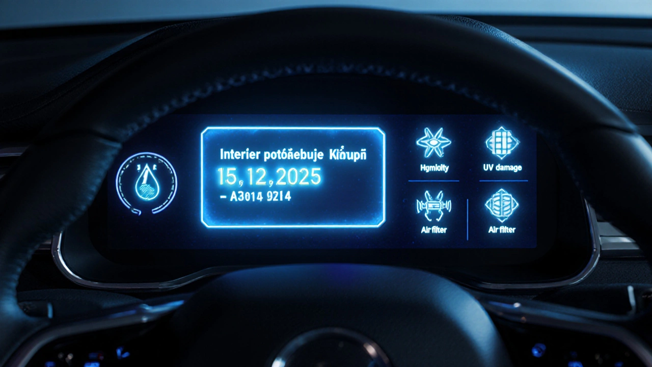 Holografická notifikace na dashboardu upozorňující na potřebu údržby interiéru.