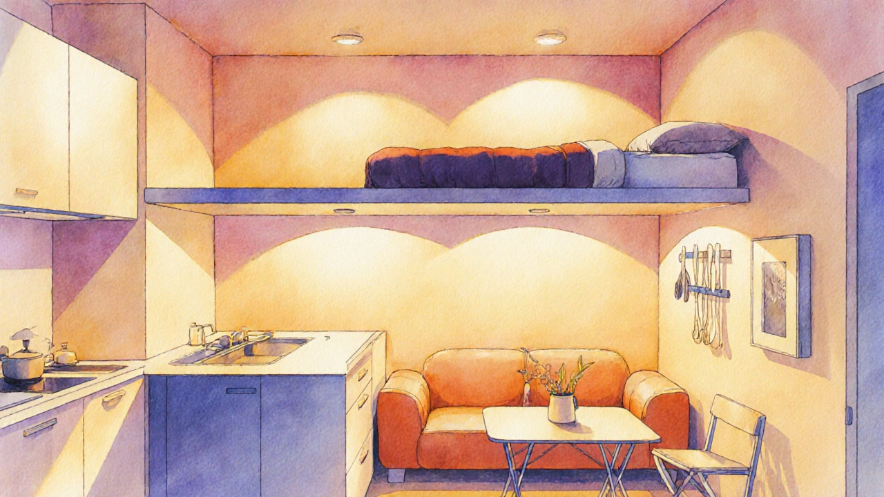 Kompaktní byt s třemi plynulými zónami oddělenými barvou a nábytkem, s vysunutelnou postelí a magnetickými prkny na stěně.