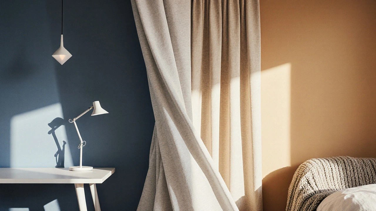 Koncepční rozdělení prostoru: chladné barvy a ostré světlo pro práci, teplé odstíny a měkké světlo pro odpočinek.