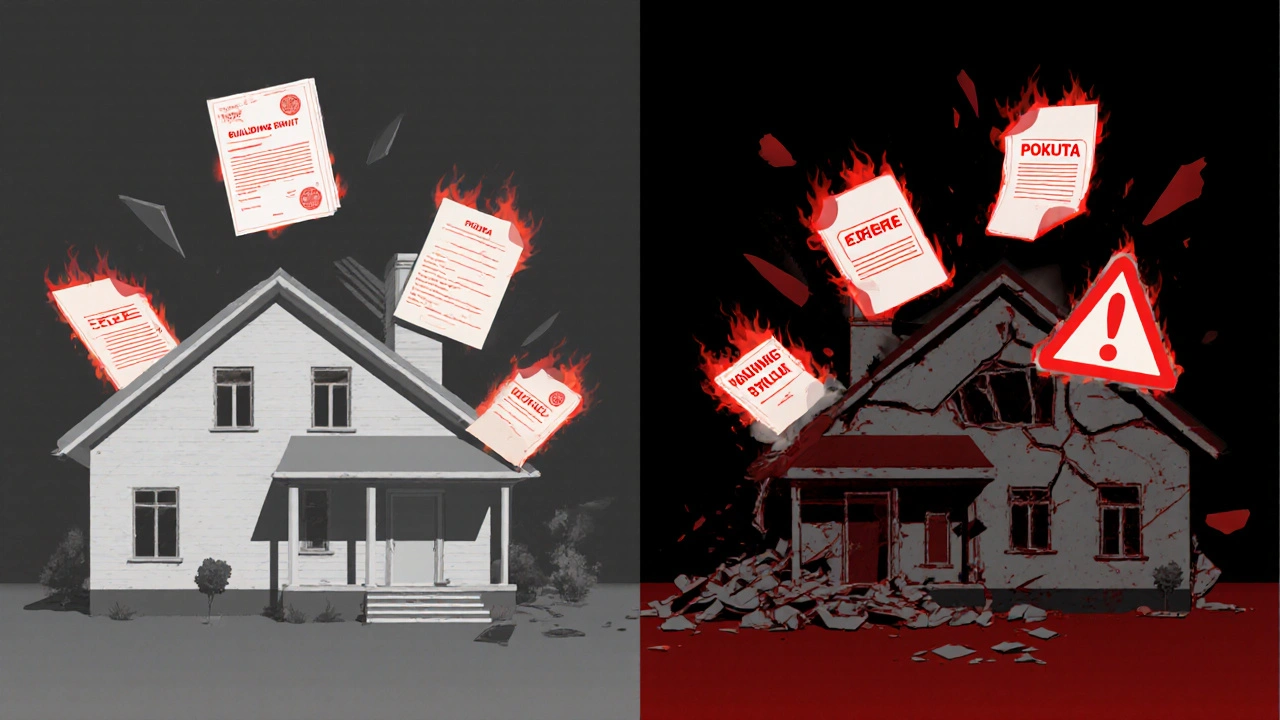 Konceptuální obrázek legálního a nelegálního domu s červenými varovnými symboly a zářícími dokumenty.