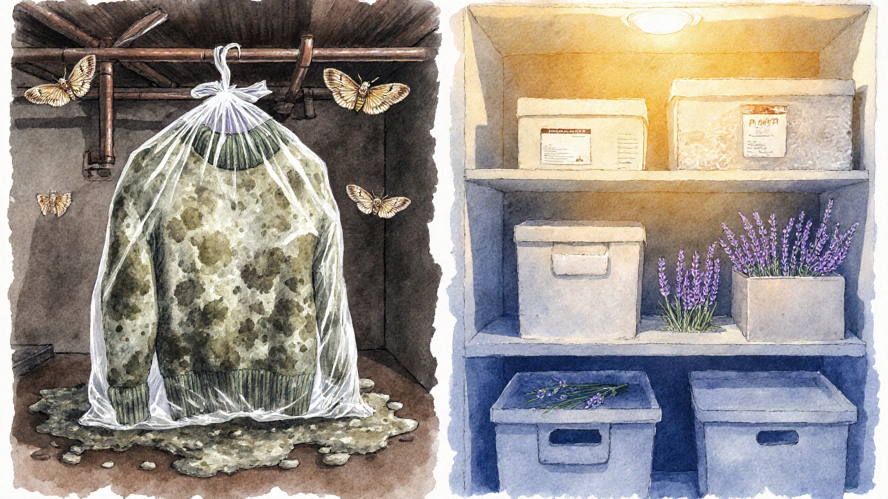 Kontrast mezi poškozeným oblečením v vlhkém sklepě a bezpečně uloženým v suchém šatníku.