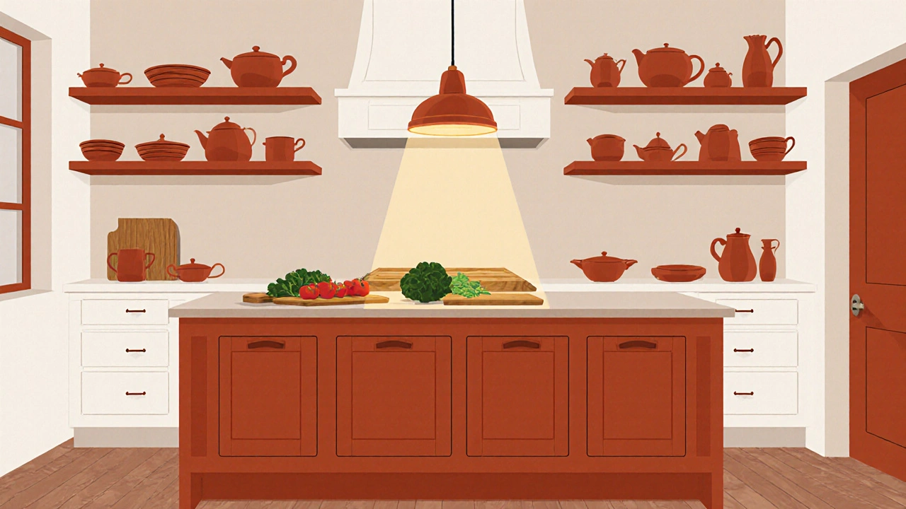 Kuchyň s terakotovou kuchyňskou linkou a neutrálními prvky v českém interiéru.