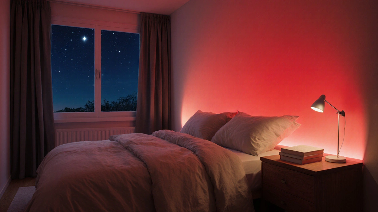 Ložnice s inteligentním osvětlením, které mění intenzitu červené barvy podle času dne.