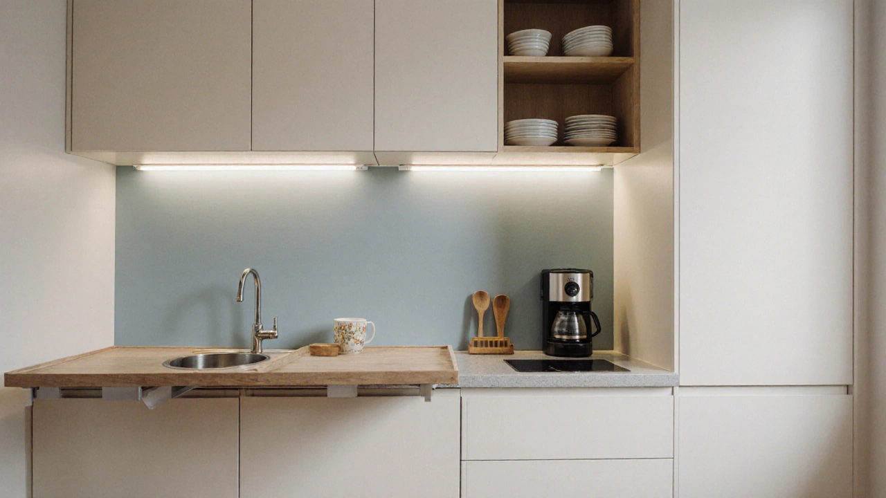 Malá česká kuchyně s výsuvným stolem, světlými barvami a podškrabkovým osvětlením, ideální pro bytové domy s omezeným prostorem.