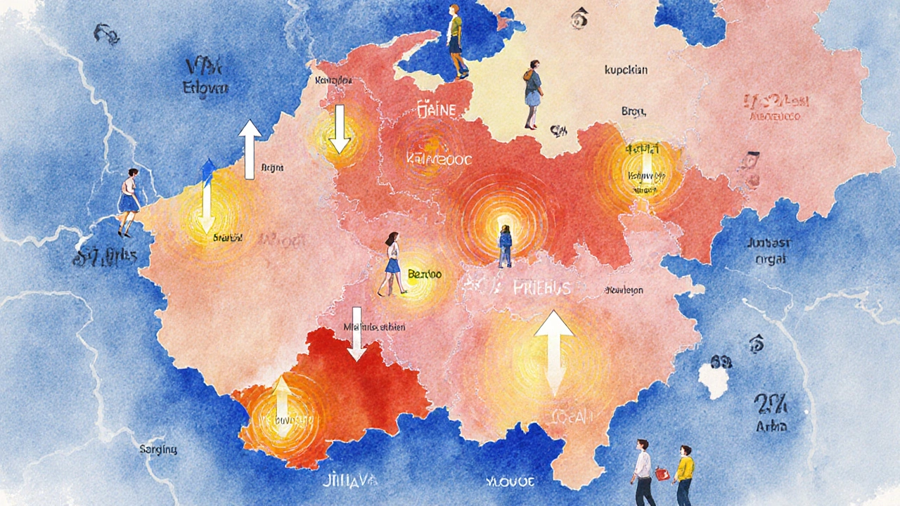 Mapa České republiky s barevnými zónami ukazujícími růst nájemných v různých regionech.