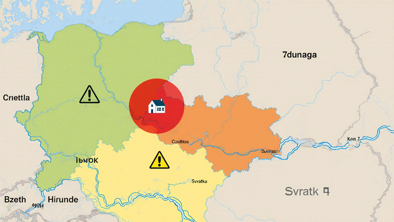 Mapa České republiky se čtyřmi zónami rizika povodní, s vyznačenými řekami a domem v extrémně rizikové zóně.
