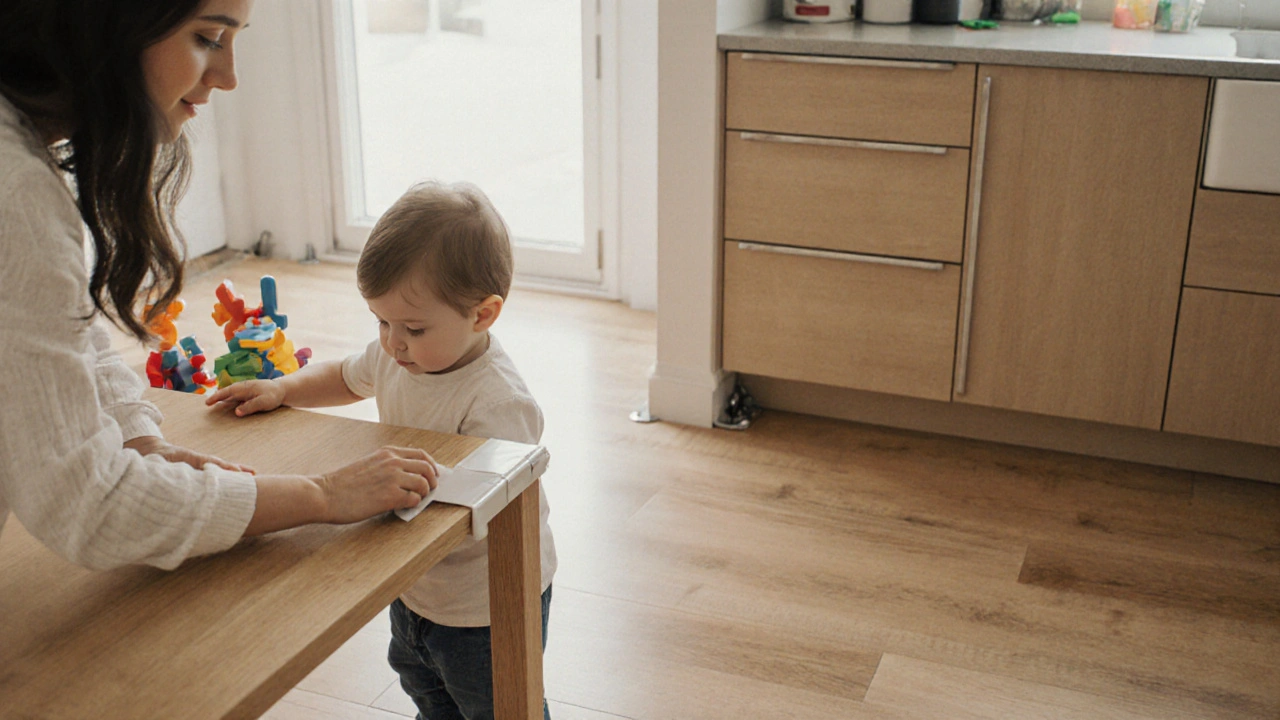 Matka připevňuje ochrannou krytku na ostrý roh stolu, zatímco dítě hraje na bezpečné podlaze v obývacím pokoji.