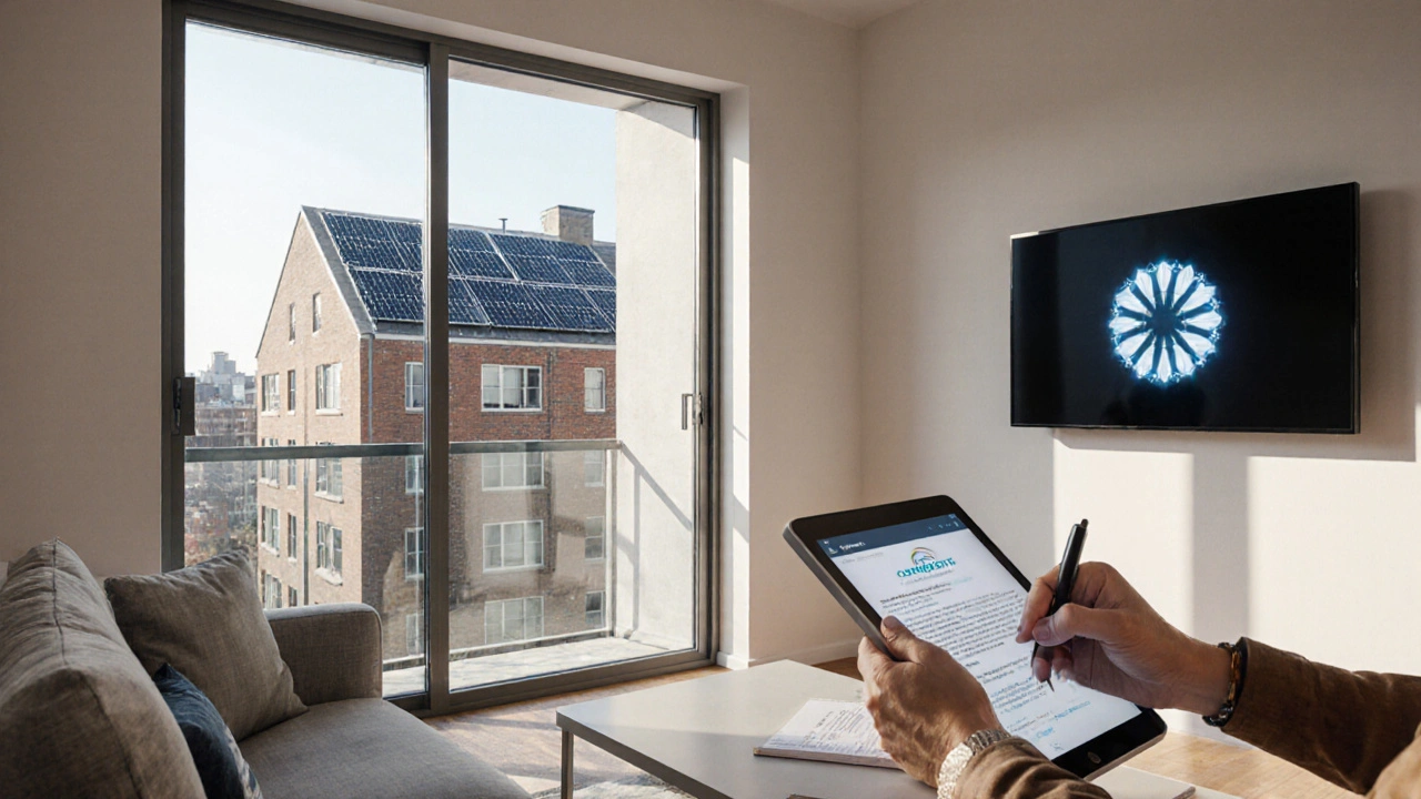 Moderní byt s energeticky úspornými prvkami a tenantem podepisujícím smlouvu na tabletu.