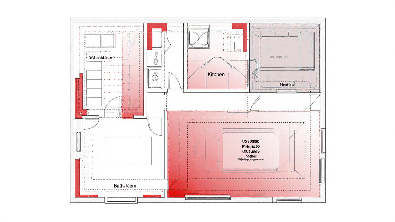 Plán bytu s označenými skrytými systémy a rezervou rozpočtu a času.