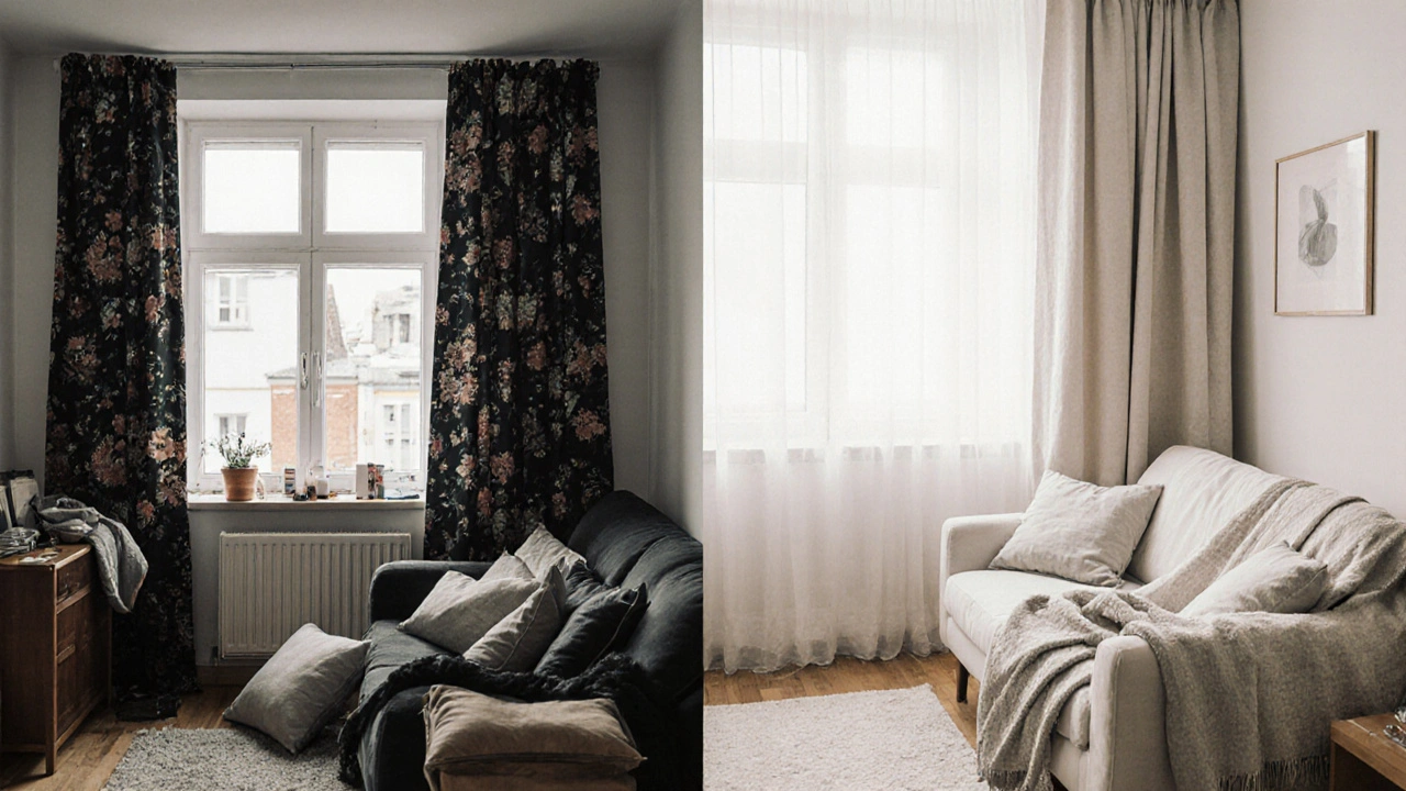 Porovnání špatného a profesionálního home stagingu: chaotický prostor vs. čistý, světlý s kvalitními textiliemi.