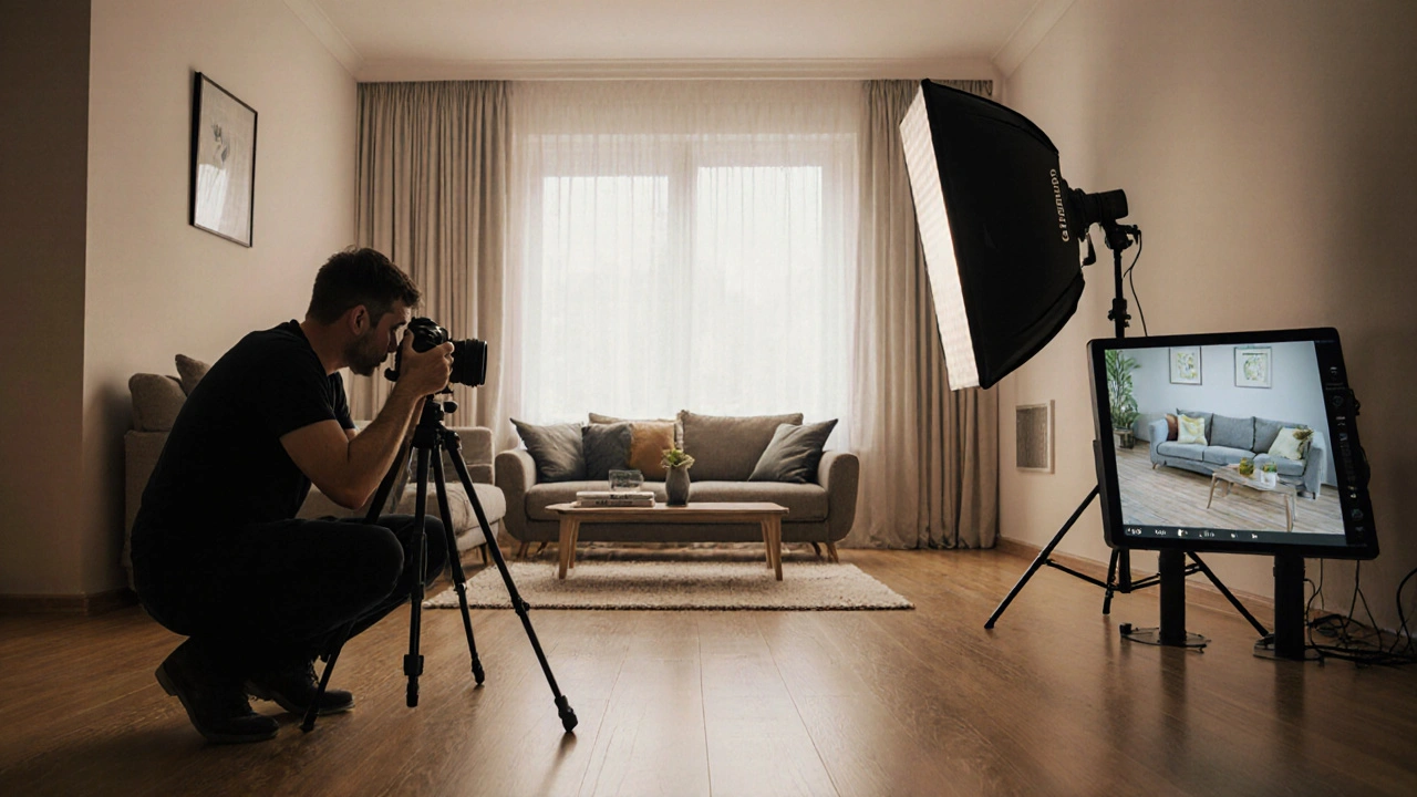 Profesionální fotograf fotí interiér pomocí širokoúhlého objektivu a doplňkového osvětlení.