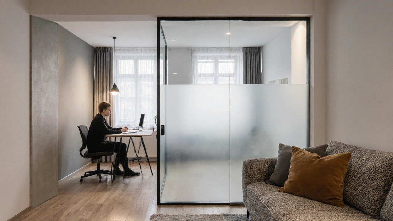 Průhledná skleněná přepážka odděluje pracovní zónu s deskovou lampou od obývacího prostoru s teplým světlem.